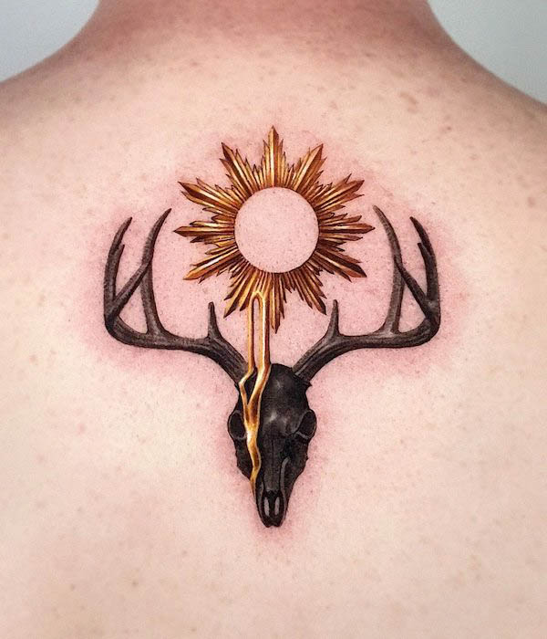 Sun and deer tattoo by @jiro_painter