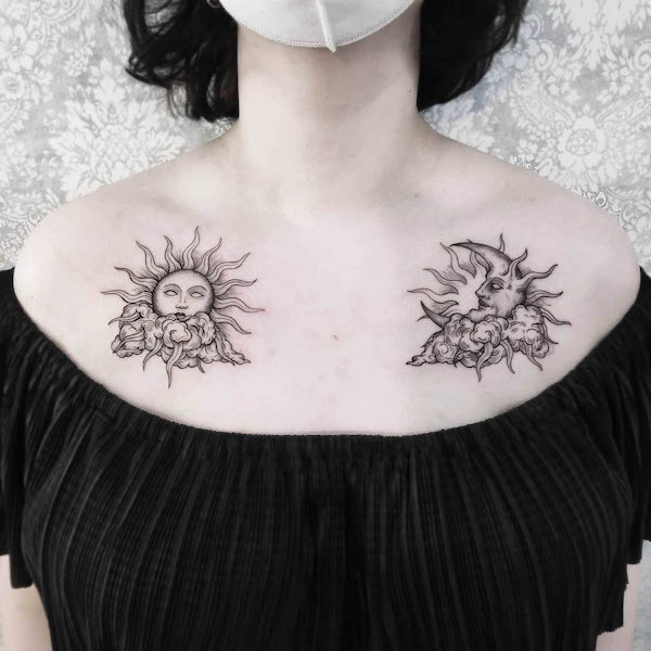 Sun and moon chest tattoo by @oskar_gurbada