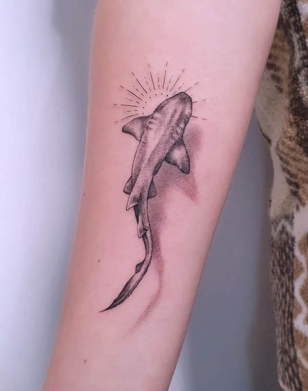 Sun and shark tattoo by @missfortuneink