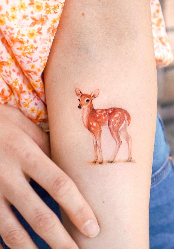 Super cute deer calf tattoo by @abii_tattoo