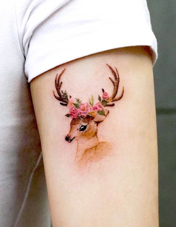 Super cute watercolor deer head tattoo by @inkflow_franky