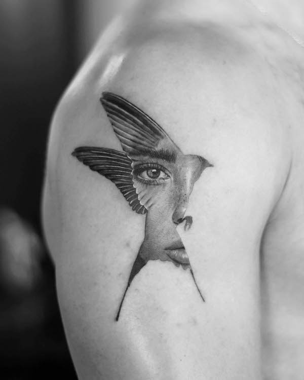 Swallow and portrait tattoo by @joseph_dossa_ink