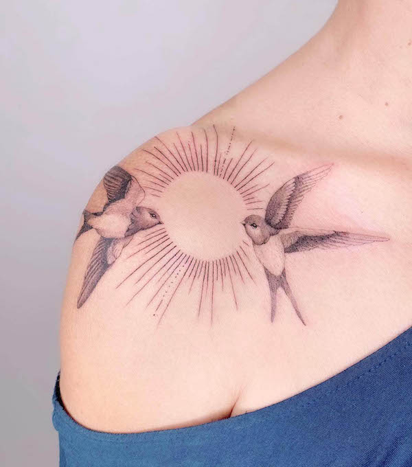 Swallow and the sun shoulder tattoo by @emilie_ricada