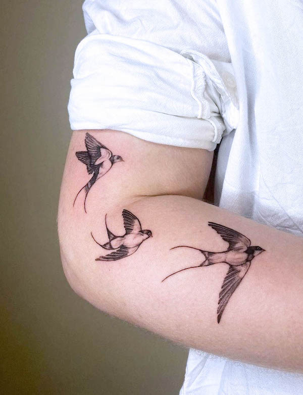 Swallows in different postures tattoo by @vvinkxo