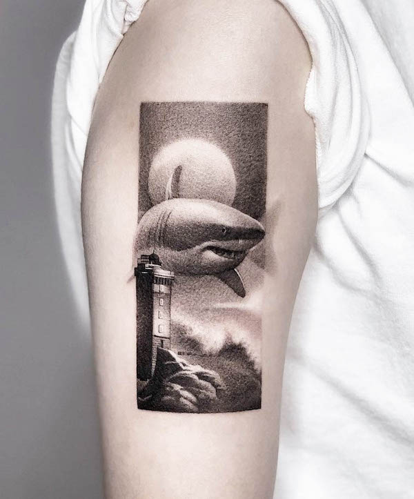 Swimming in the sky shark tattoo by @shu_tattooart