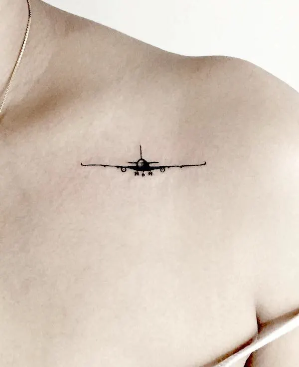 The landing plane collarbone tattoo by @thelotusboxtattoostudio