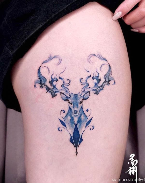 Blue deer tattoo by @wowwow019