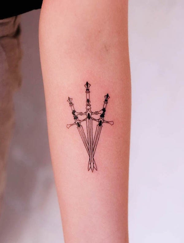 Three daggers forearm tattoo by @chloejanetattoo