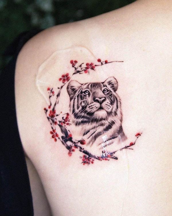 Tiger and plum flowers back tattoo by @buckk_tattoo