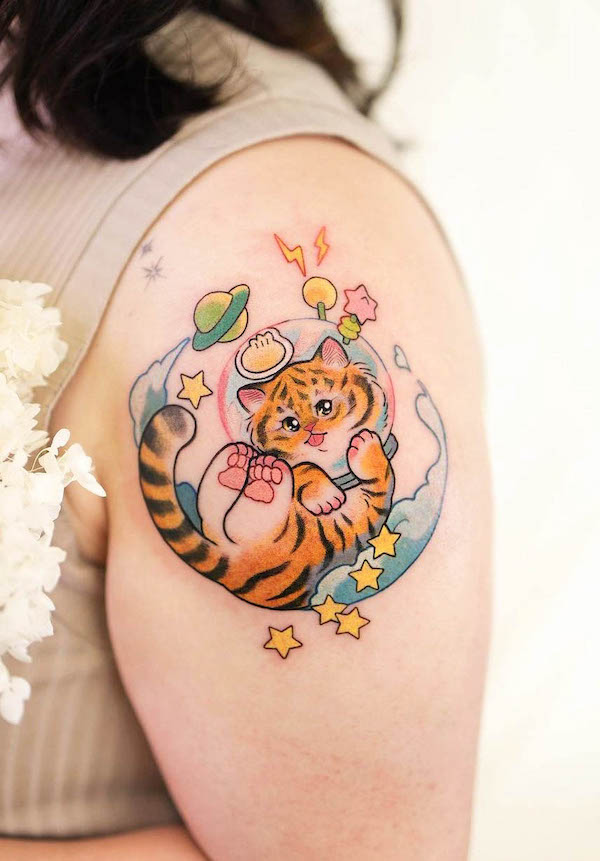 Tiger astronaut tattoo by @kiera_tattoo