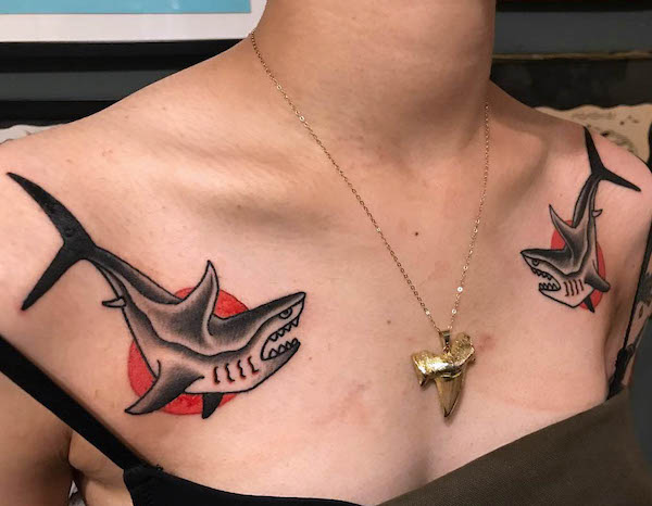 Traditional shark tattoos on the shoulder by @kenta_w_oki_tattoo