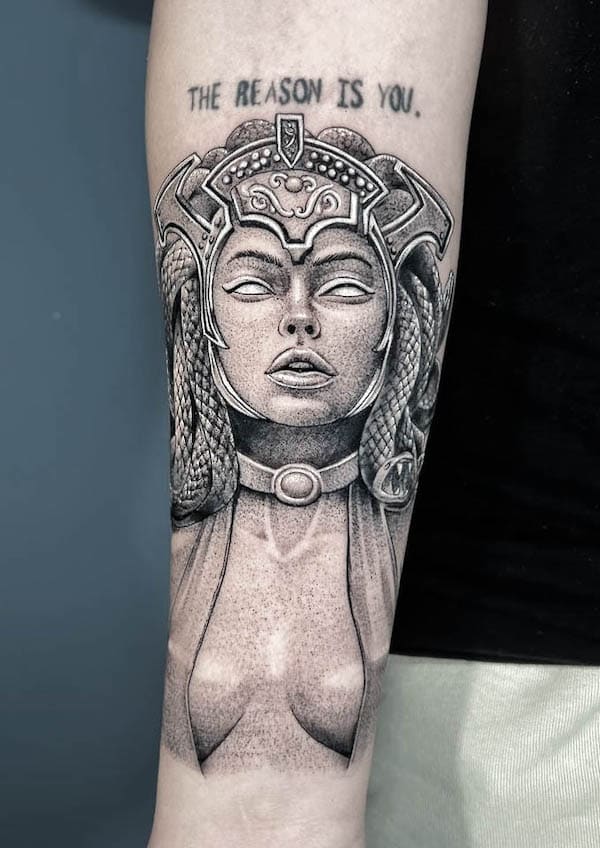 Unique Medusa forearm tattoo by @ulises_tattoo