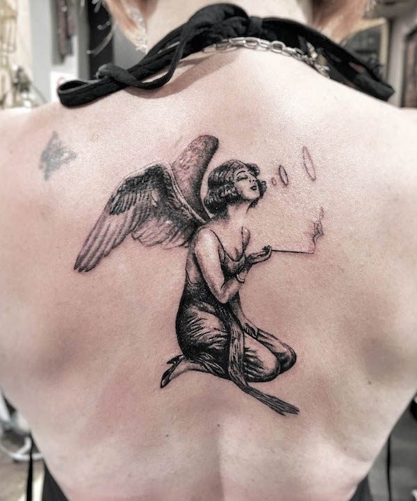 Unique angel back tattoo by @jasonkeehntattoo