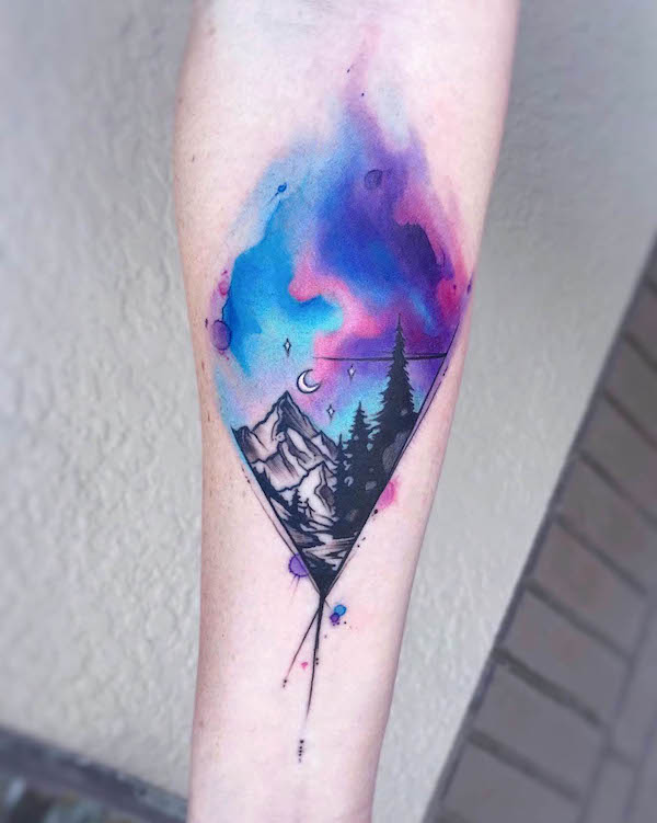 Watercolor mountain night sky tattoo by @ginafote