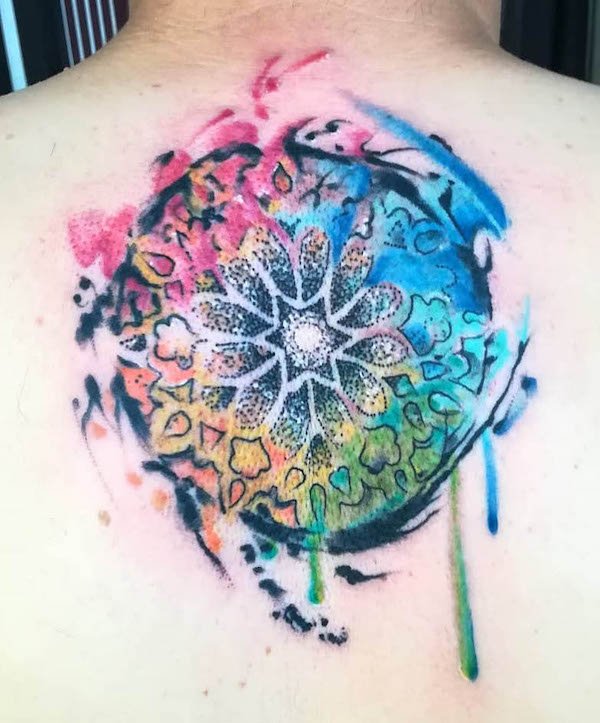 Watercolor mandala back tattoo by @johnnystattooart