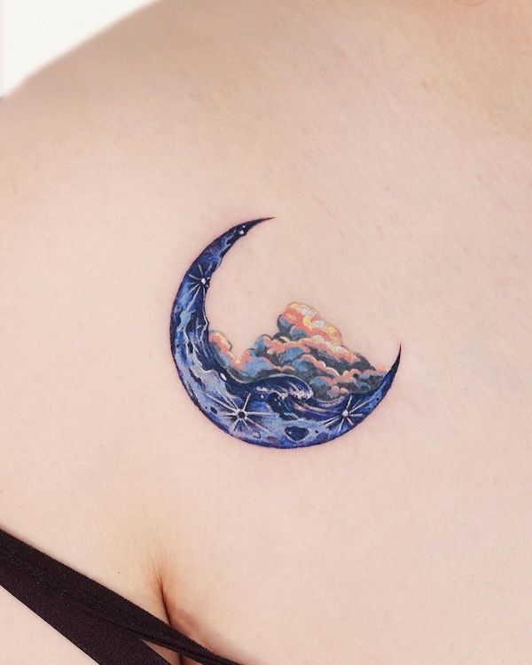 Wave and moon tattoo by @tattooist_fluffy