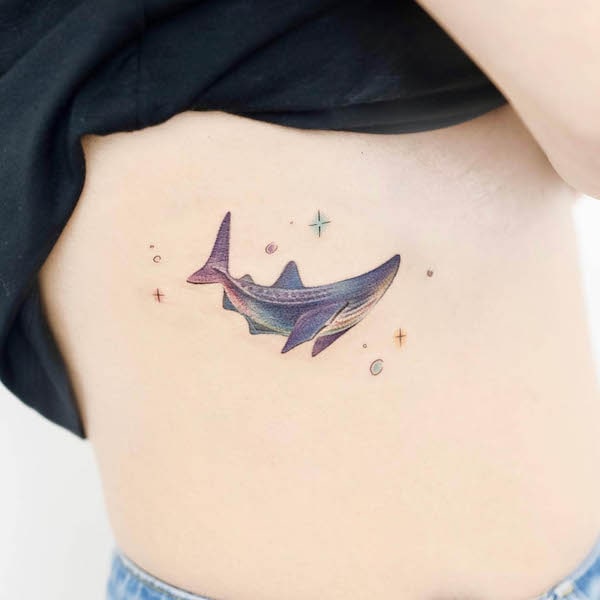 Whimsical whale shark tattoo by @heim__tattoo