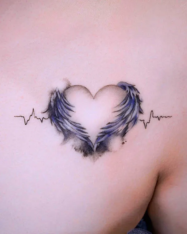 Wings and heartbeat tattoo by @leean.ink_