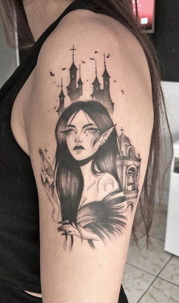 Witch and her castle sleeve tattoo by @dronov.tattoo