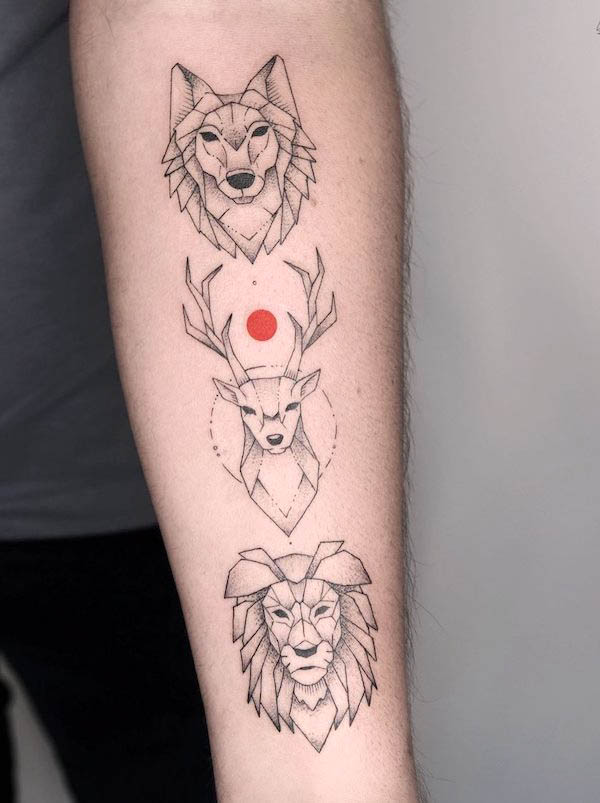 Wolf, deer and lion tattoo by @mentat_gamze