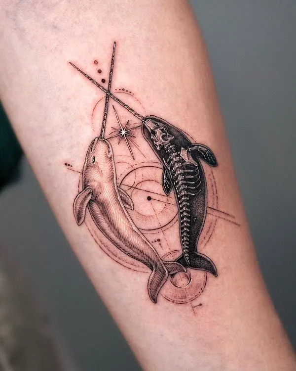 Yin and Yang Narwhal tattoo by @tattooer_intat