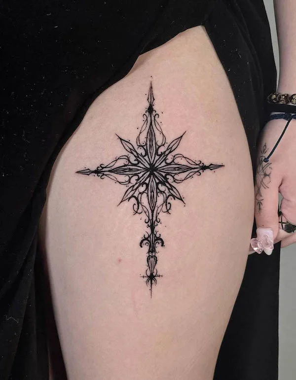 Black ornament thigh tattoo by @kwann_ew.blk_