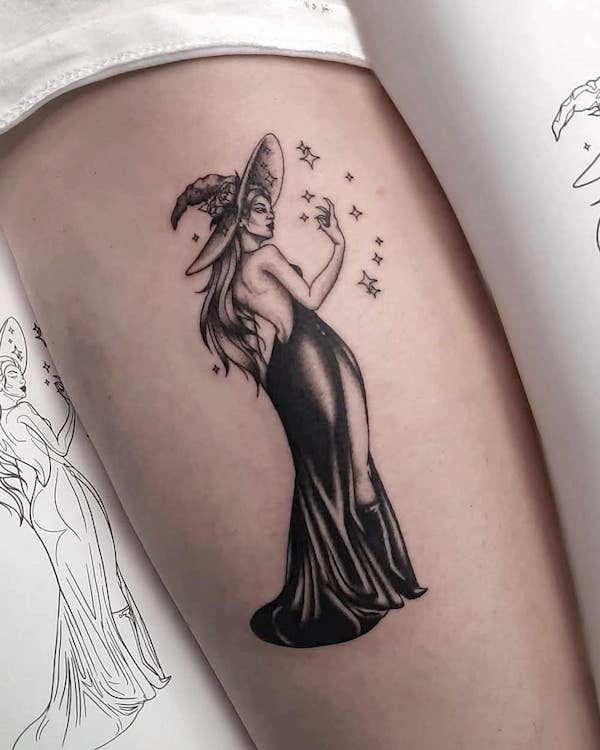 An intricate blackwork witch tattoo by @cause.chaos- Witch tattoos and meanings