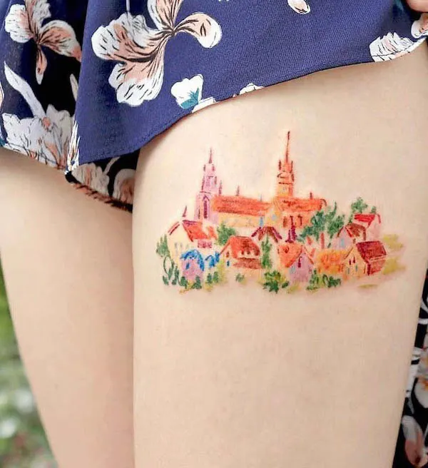 Colorful landscape thigh tattoo by @ovenlee.tattoo