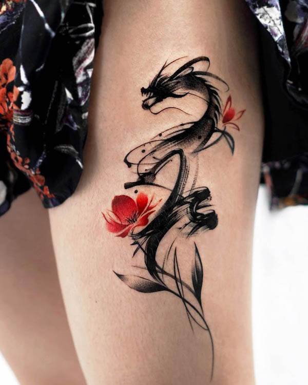 Black dragon thigh tattoo by @mukyeon_tattoo