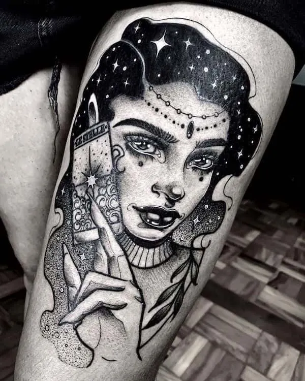 A thigh tattoo with a stunning witch portrait by @expositoink  - Witch tattoos and meanings