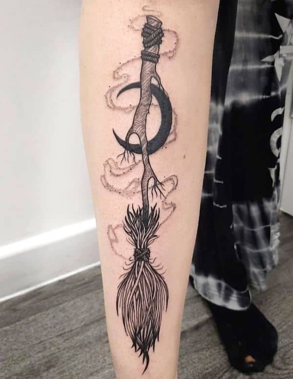 The magic broomstick tattoo by @holierthanthoumanchester- Fantasy Magic tattoos