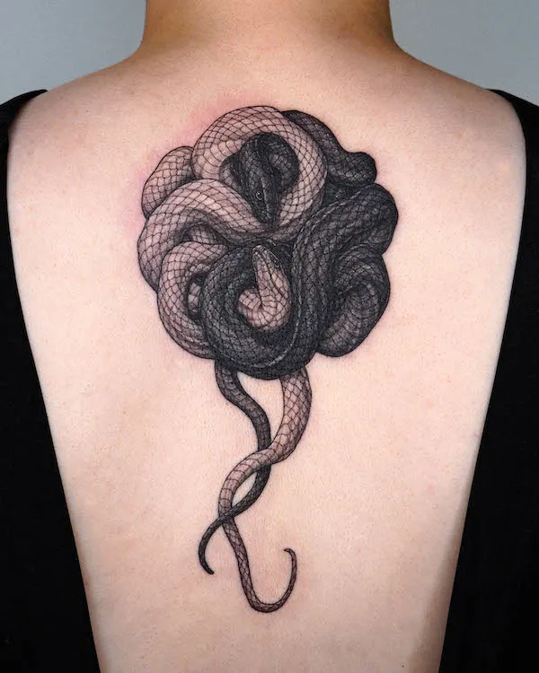 Yin and yang snake back tattoo by @tattooer_intat