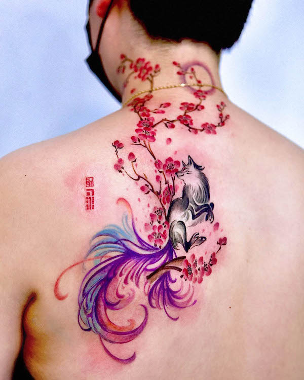 kitsune fox and cherry blossom back tattoo by @gooka.tattoo