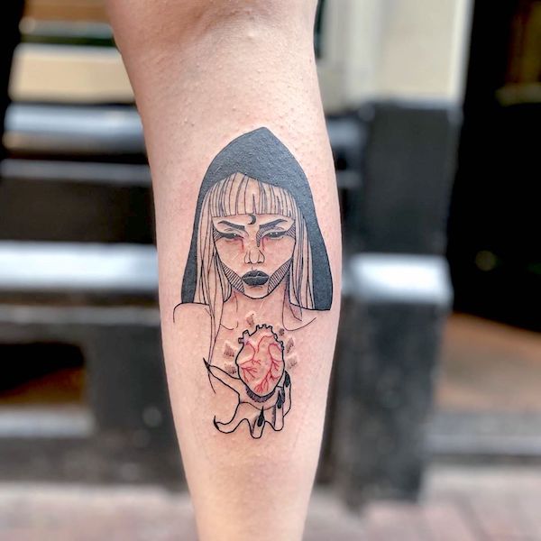 The heartbreaker - a dark calf tattoo by @l.u.n.a.ink- Witch tattoos and meanings