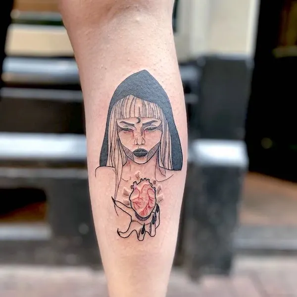 The heartbreaker - a dark calf tattoo by @l.u.n.a.ink- Witch tattoos and meanings