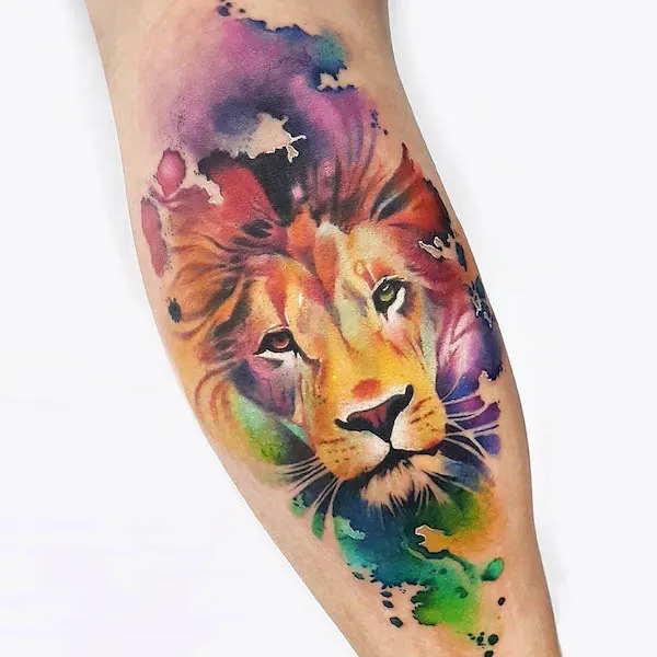 Watercolor lion tattoo for women by @artisticendeavorsem.morris33