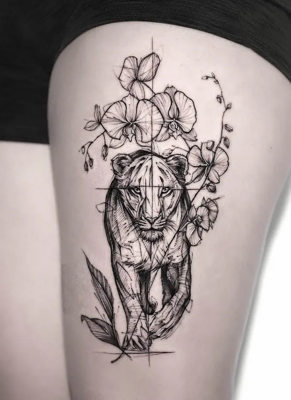 Sketch-style lioness thigh tattoo by @bk_tattooer