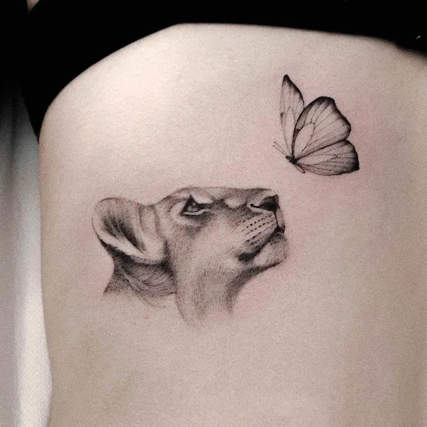 Butterfly and lioness tattoo by @elenayelloww