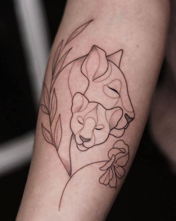 Mother and baby lion outline tattoo by @gaja_tat