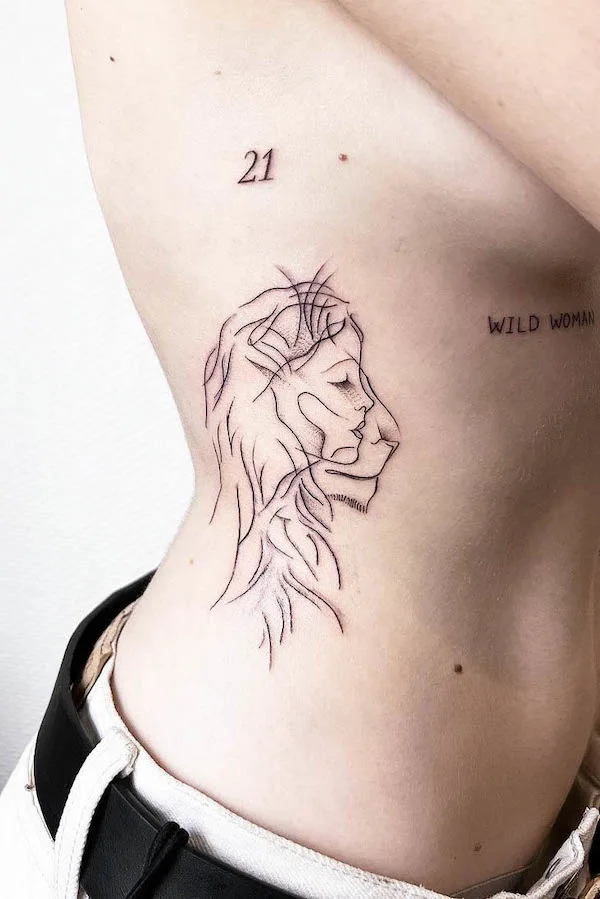 Lioness in a girl tattoo by @maud.ink