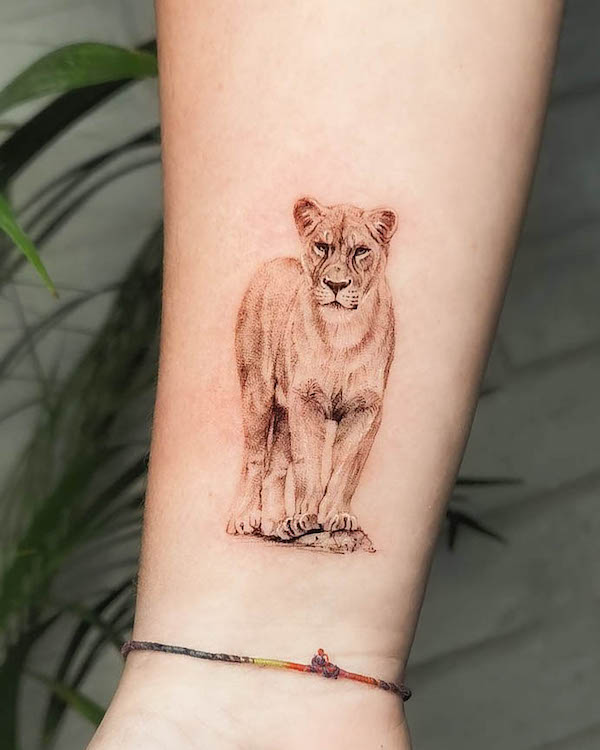 Realism lioness wrist tattoo by @pachamamatattoo_elvis