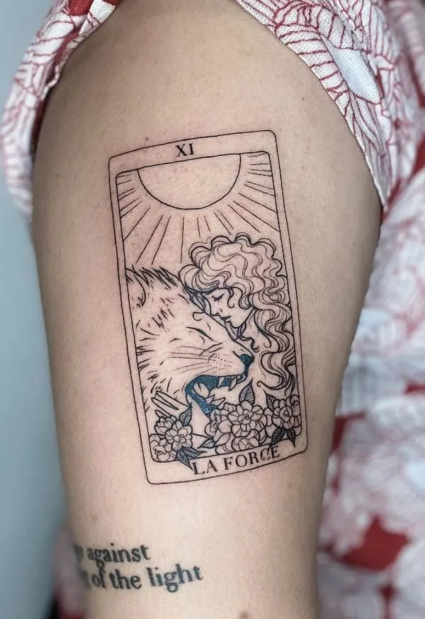 Black and grey tarot card tattoo by @simonelovegood