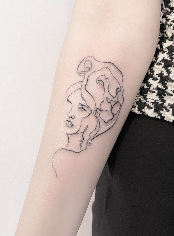 Abstract single-line woman and lion tattoo by @tattooshopdiannabrunello