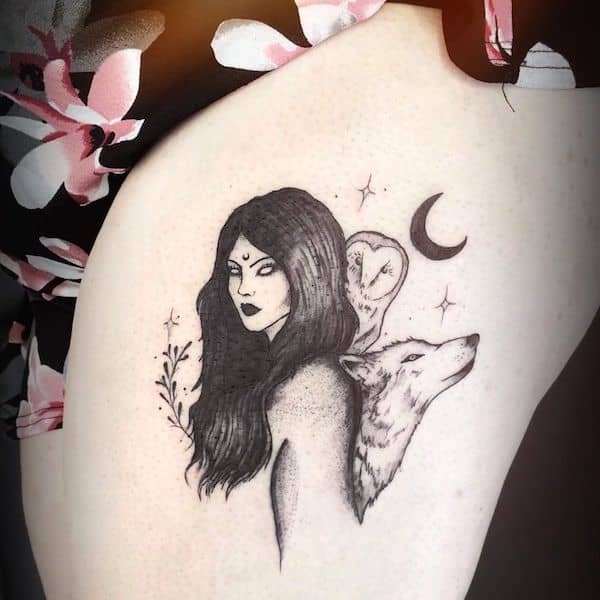 A witch girl tattoo with owl and wolf by @lolla_ink- Witch tattoos and meanings