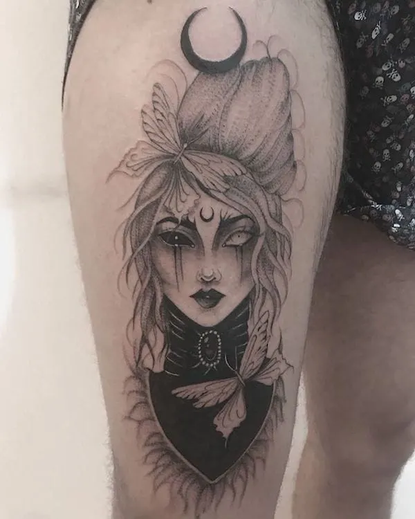 A dark thigh tattoo with stunning details by @marianacordeir- Witch tattoos and meanings