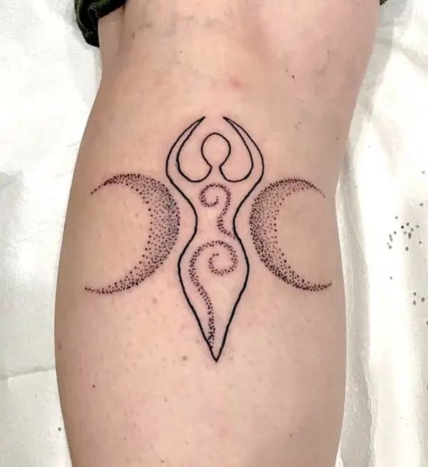 A Triple Goddess tattoo on the calf by @nicole.ruby.ink- Wicca symbol tattoos