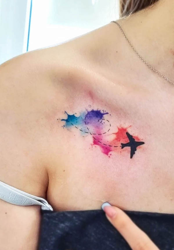 Watercolor plane tattoo by @paulina_kocurek