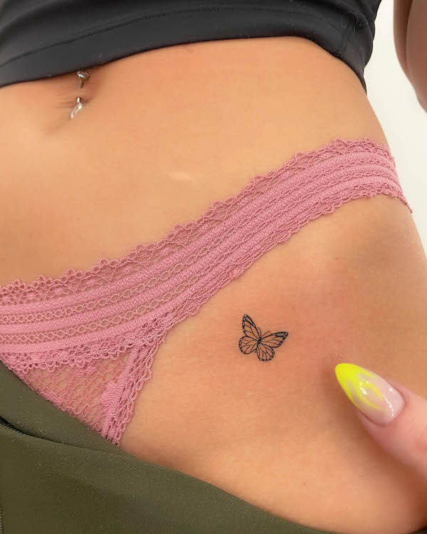 Small butterfly upper thigh tattoo by @joannamroman