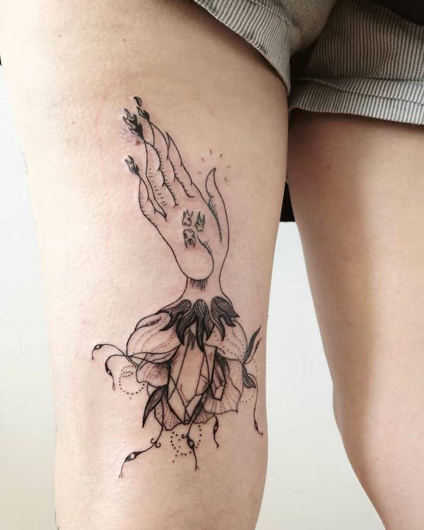 Light the fire magic tattoo on the thigh by @vera_et_cetera- Fantasy Magic tattoos