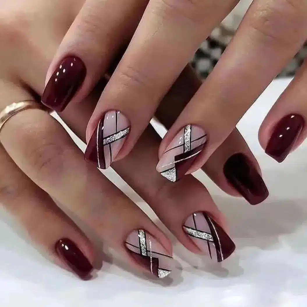 Geometric Burgundy Nails